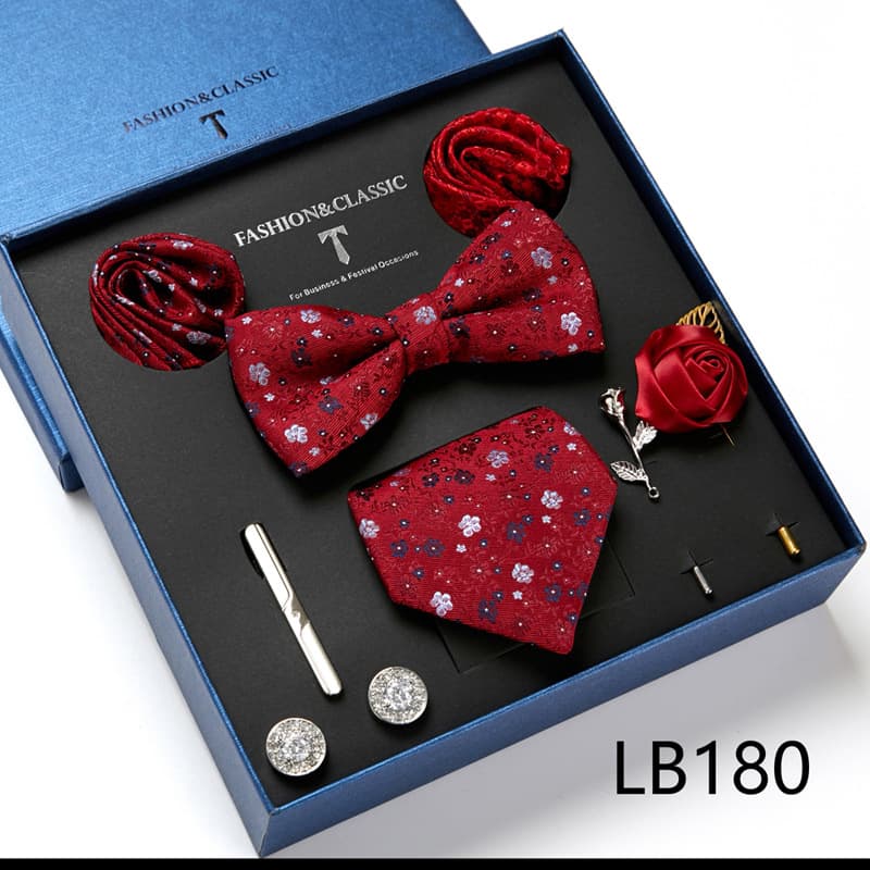 Men's 8 Pieces Gift Ties Set in Red Burgundy
