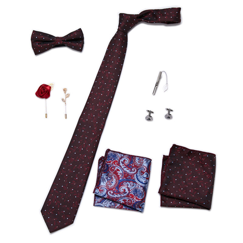 Men's 8 Pieces Gift Ties Set in Red Burgundy