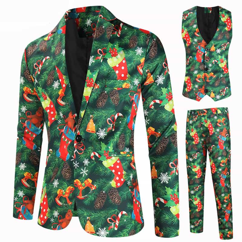 Christmas Men's 3 Piece Slim Fit Printed Suit