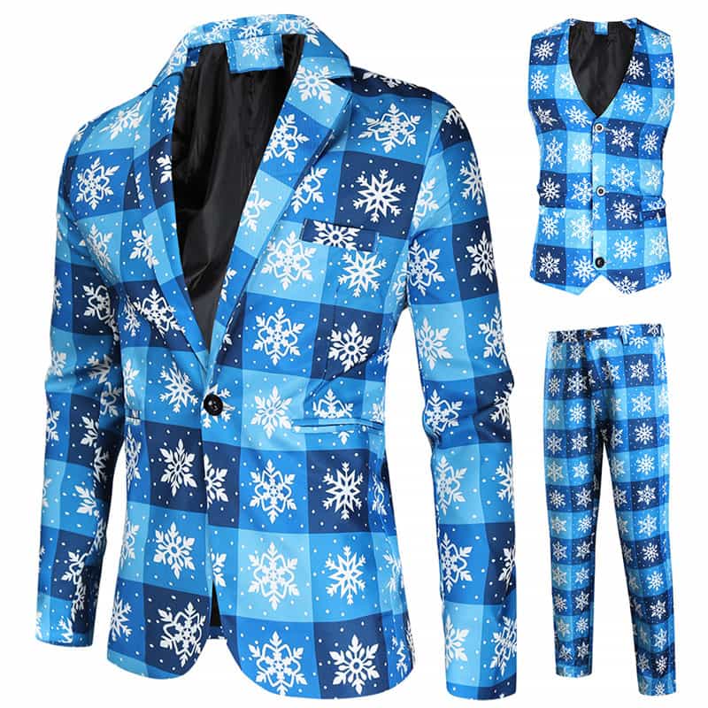 Men's 3 Piece Christmas Suits Printed Blue One Button