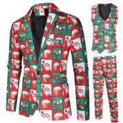 Men's Christmas 3 Piece Casual Printed Red Suit