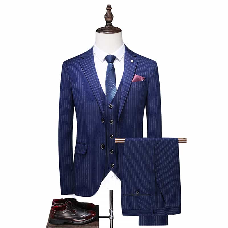 Men's 3 Piece Striped Suit in Navy Blue, Black and Grey