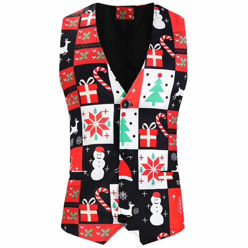 Men's Christmas 3 Piece Casual Printed Red Suit
