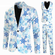 Men's 3 Piece Christmas Suits Printed Blue One Button