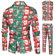 Men's Christmas 3 Piece Casual Printed Red Suit