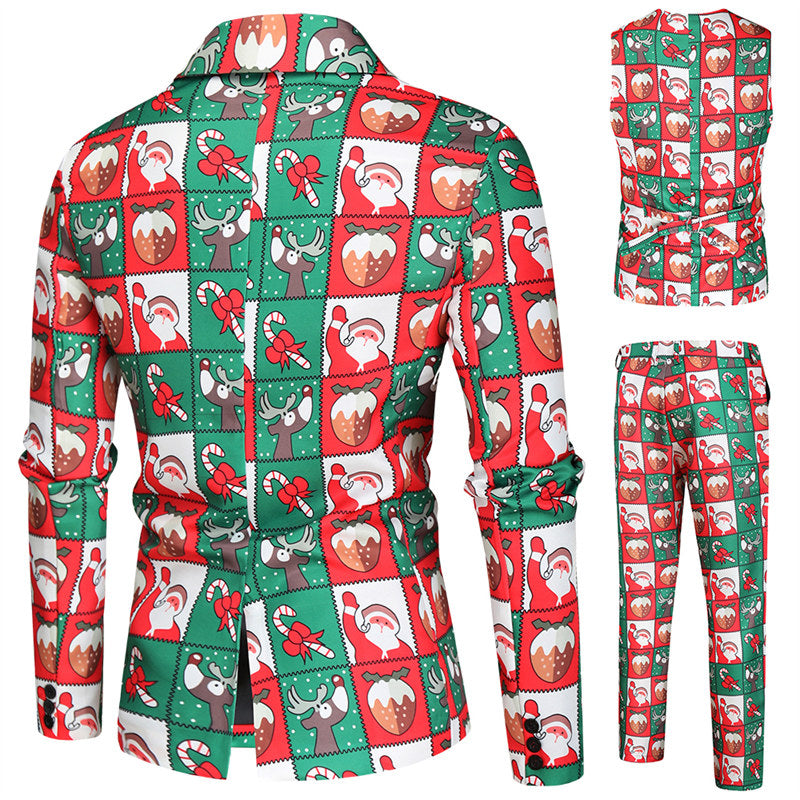 Men's Christmas 3 Piece Casual Printed Red Suit