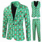 Men's 3 Pieces Christmas Printed Suit in Green Pattern