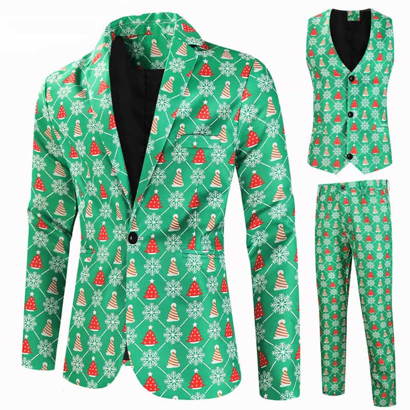 Men's 3 Pieces Christmas Printed Suit in Green Pattern
