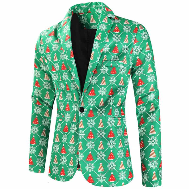 Men's 3 Pieces Christmas Printed Suit in Green Pattern