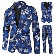 Men's 3 Piece Christmas Suits Printed Blue One Button