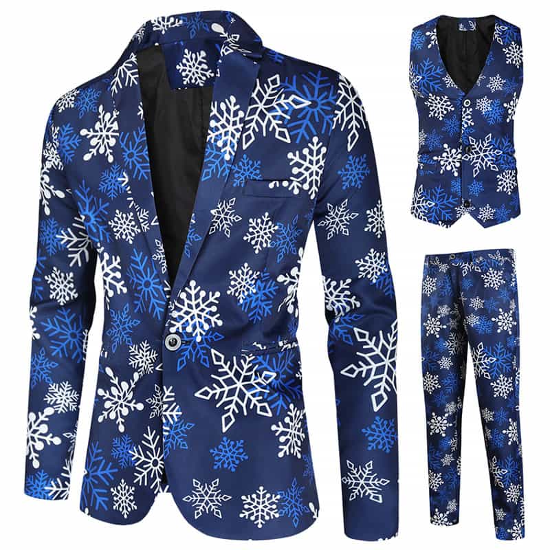 Men's 3 Piece Christmas Suits Printed Blue One Button