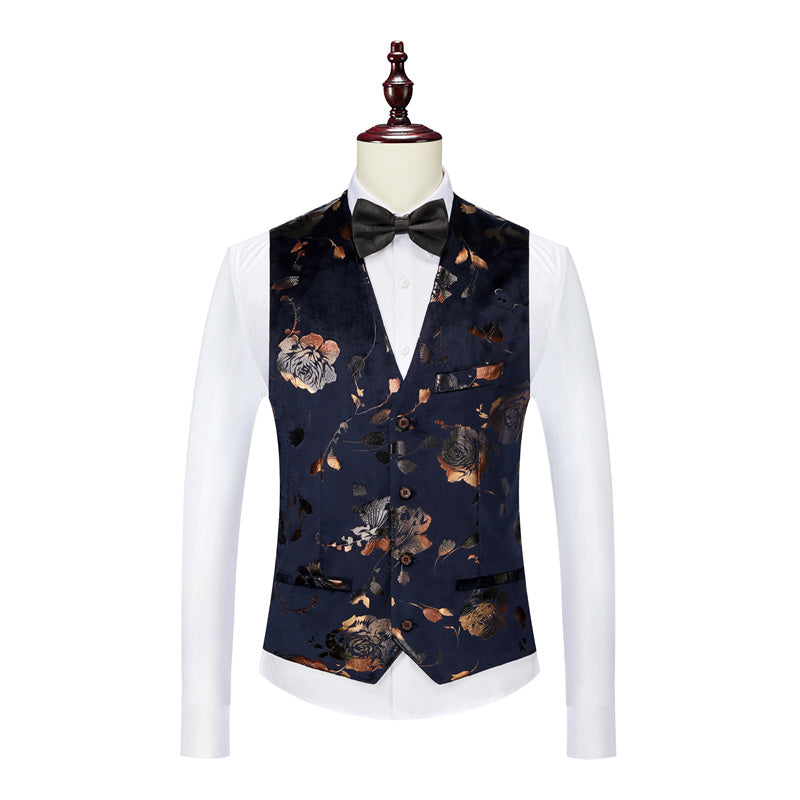Mens Single Breasted Floral Vest in Black Blue
