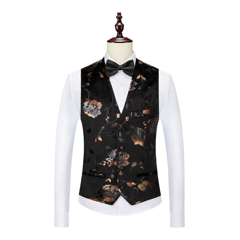 Mens Single Breasted Floral Vest in Black Blue