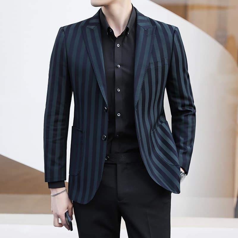 Mens Striped Green Blazer Single Breasted