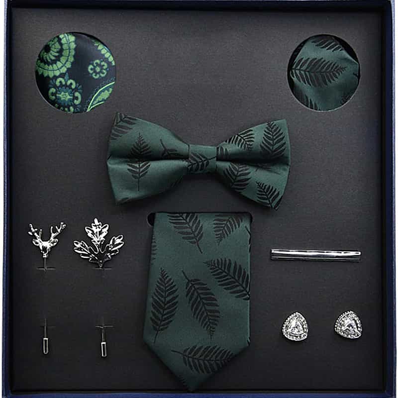 Men's Ties Set  (Necktie+Bow Tie+Pocket Square +Cufflinks+ Lapel Pin Flower +Tie clip)
