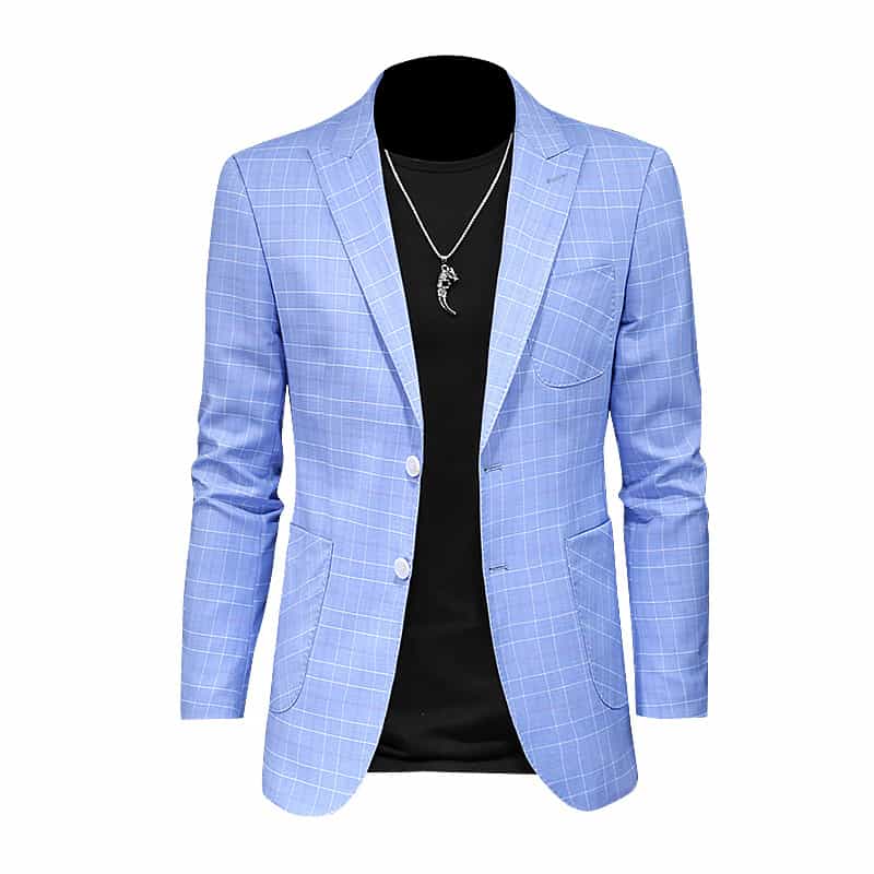 Men's Blazer Slim Fit One Button Suit Jacket Light Blue Plaid Sports Coat