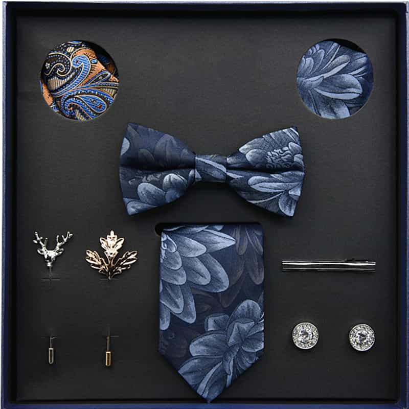 Men's Ties Set  (Necktie+Bow Tie+Pocket Square +Cufflinks+ Lapel Pin Flower +Tie clip)
