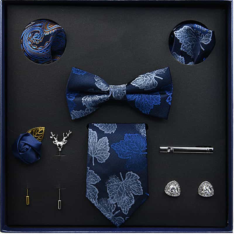 Men's Ties Set  (Necktie+Bow Tie+Pocket Square +Cufflinks+ Lapel Pin Flower +Tie clip)