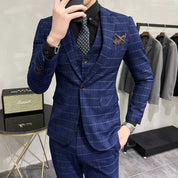Men Blue Plaid Suit 3 Piece Slim Fit  Windowpane Wedding Prom Tuxedos Formal Dress