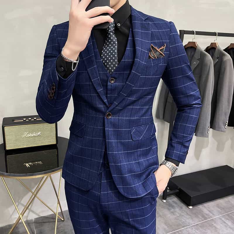 Men Blue Plaid Suit 3 Piece Slim Fit  Windowpane Wedding Prom Tuxedos Formal Dress