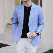 Men's Blazer Slim Fit One Button Suit Jacket Light Blue Plaid Sports Coat