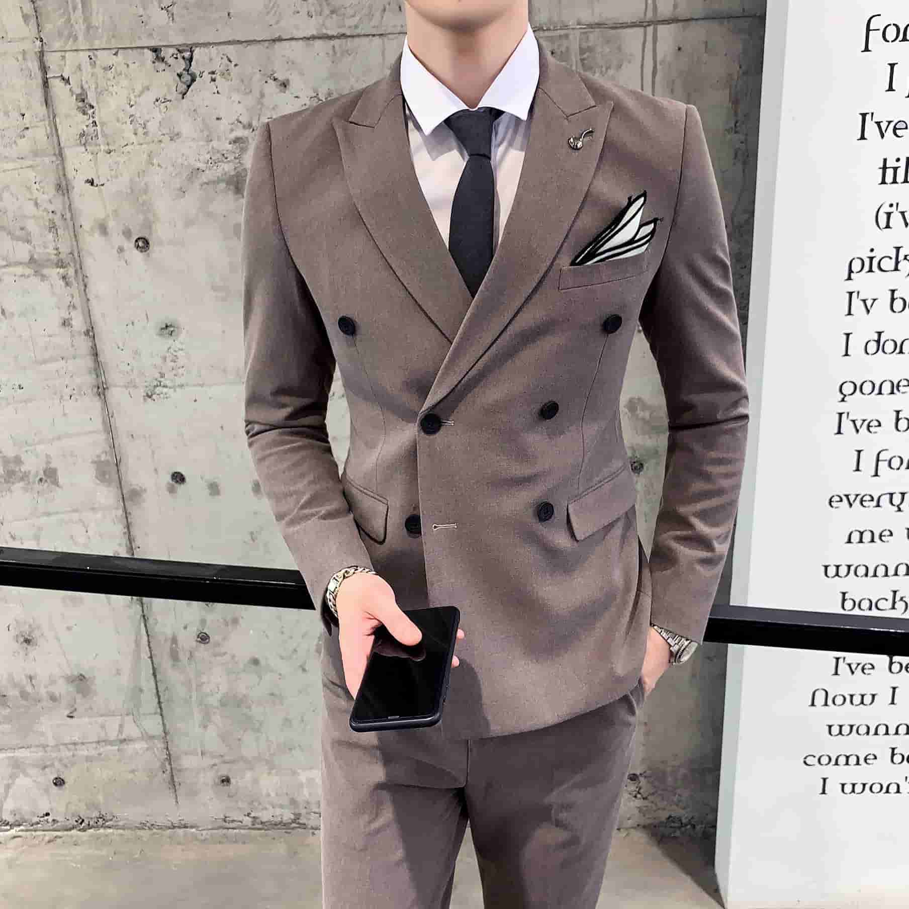 Mens 3 Piece Double Breasted Suits  in Solid Brown Black Grey