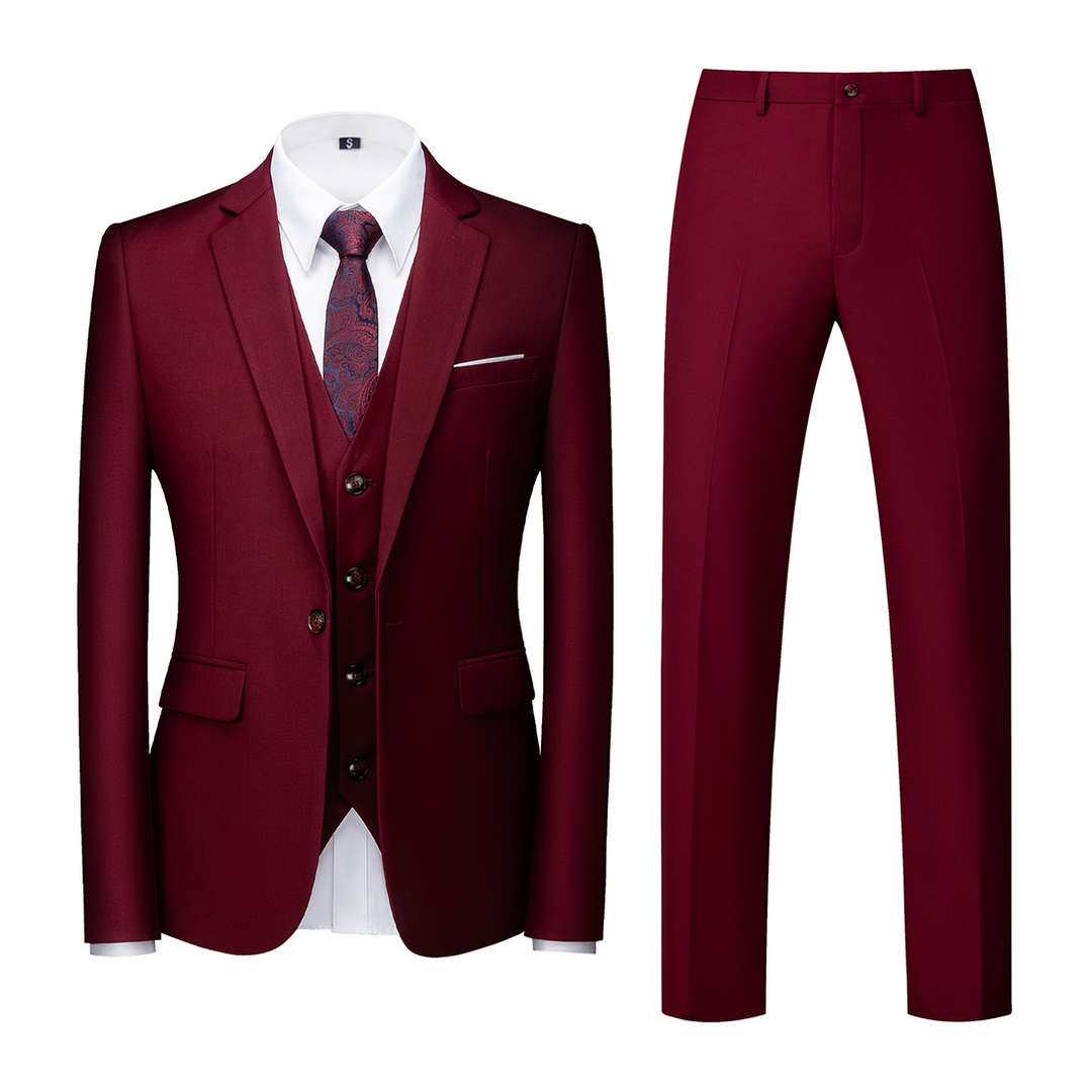 Mens 3 Piece Solid Suit with 12 Plain Colors One Button Closure