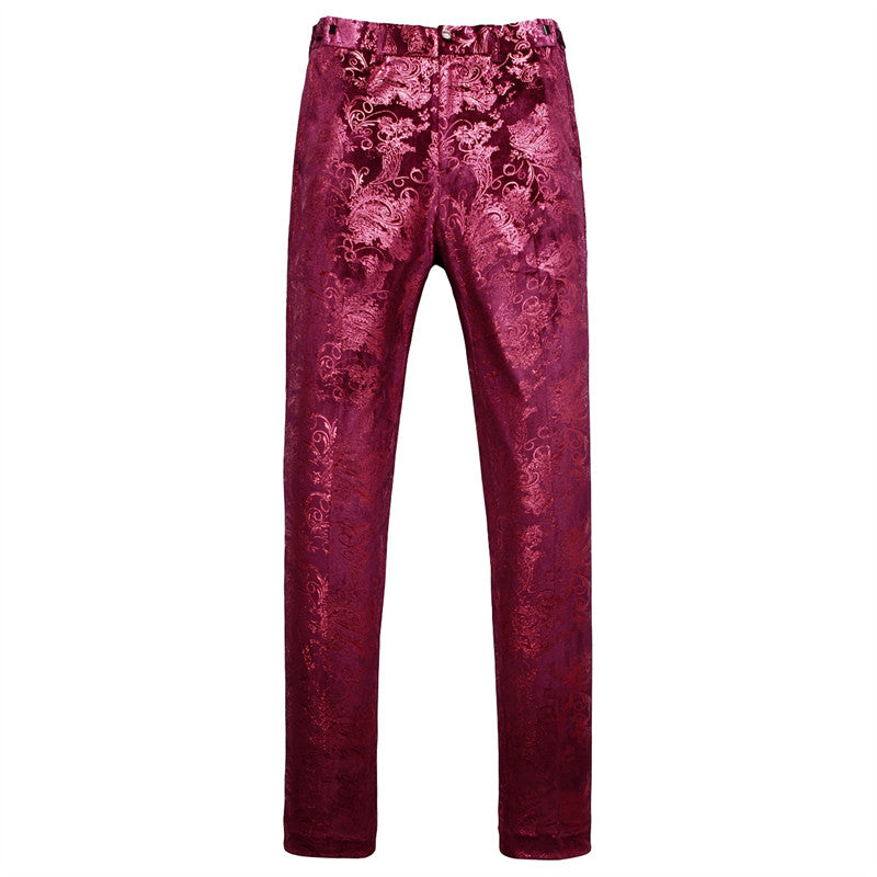 Mens Slim Fit Gold Printed Flat Front Pants Stylish Casual Floral Patten Trousers