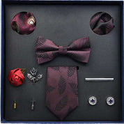 Men's Ties Set  (Necktie+Bow Tie+Pocket Square +Cufflinks+ Lapel Pin Flower +Tie clip)