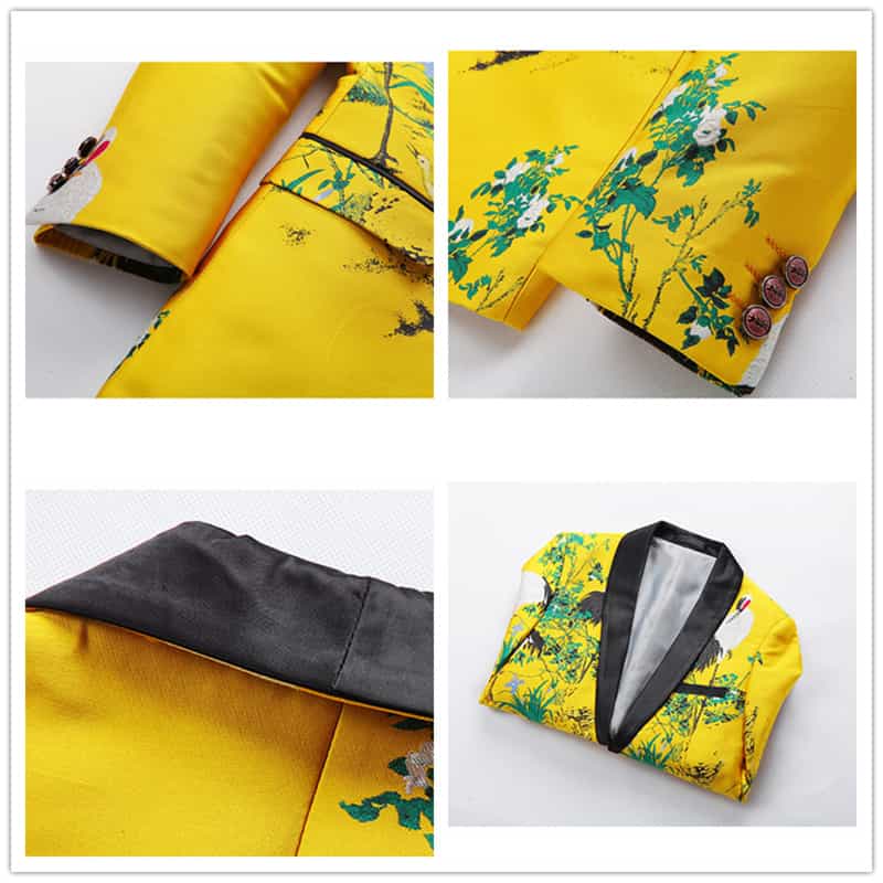 Men Printed Jacket in Yellow One Button