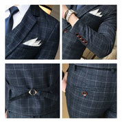 Men Blue Plaid Suit 3 Piece Slim Fit  Windowpane Wedding Prom Tuxedos Formal Dress