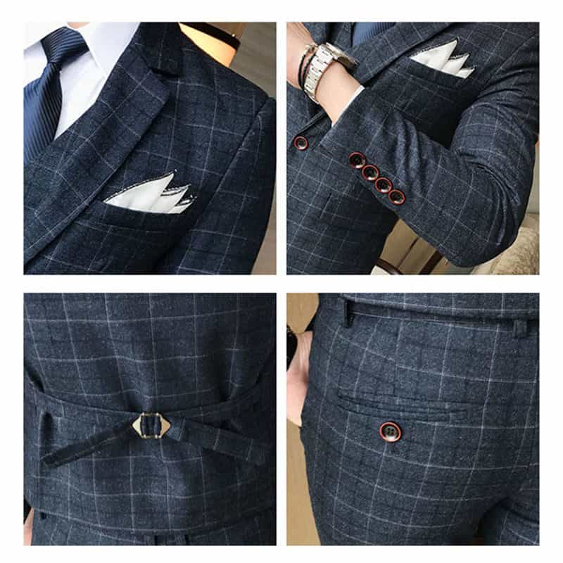 Men Blue Plaid Suit 3 Piece Slim Fit  Windowpane Wedding Prom Tuxedos Formal Dress