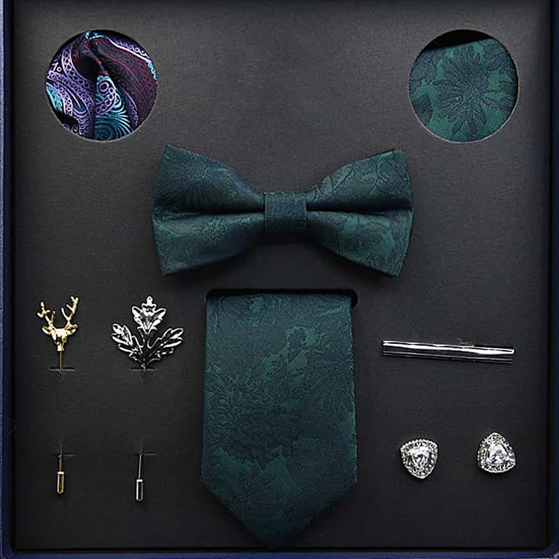 Men's Ties Set  (Necktie+Bow Tie+Pocket Square +Cufflinks+ Lapel Pin Flower +Tie clip)