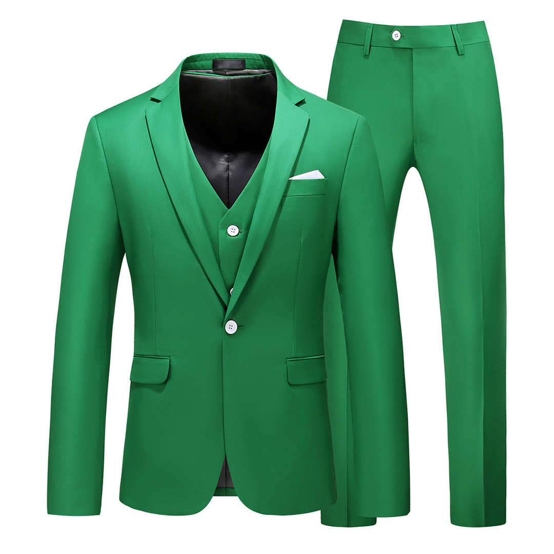 Mens 3 Piece Solid Suit with 12 Plain Colors One Button Closure