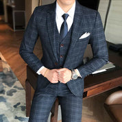 Men Blue Plaid Suit 3 Piece Slim Fit  Windowpane Wedding Prom Tuxedos Formal Dress