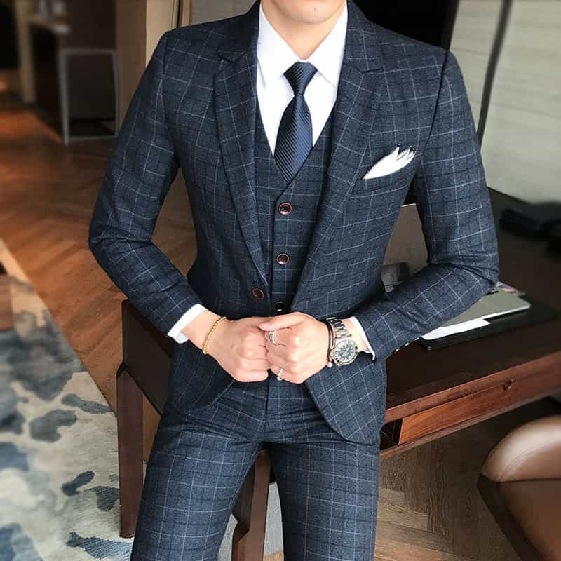 Men Blue Plaid Suit 3 Piece Slim Fit  Windowpane Wedding Prom Tuxedos Formal Dress
