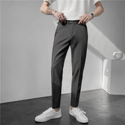 Mens Cropped Prom Pants Slim Fit Ankle-Length Trousers in Solid Grey Black