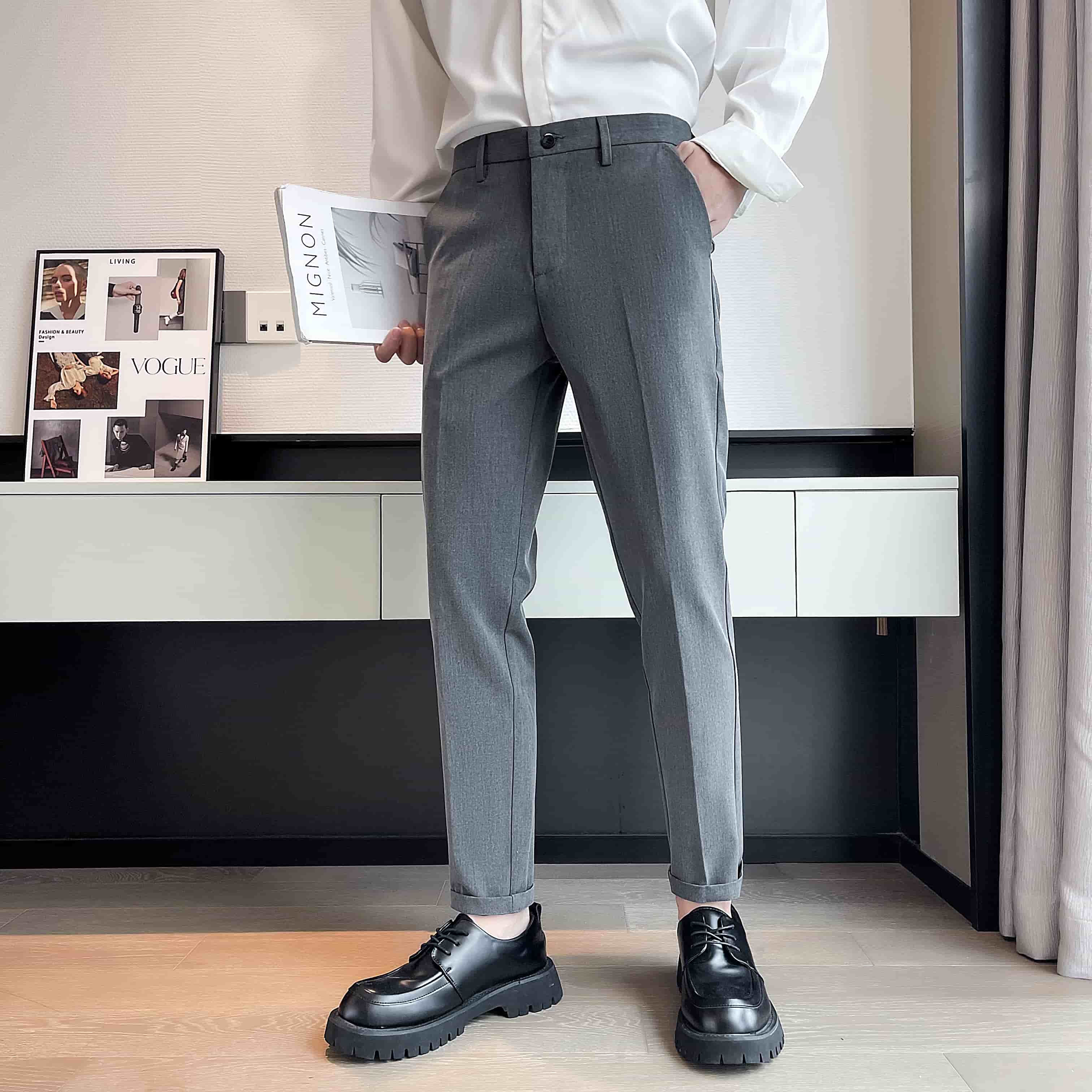 grey trousers