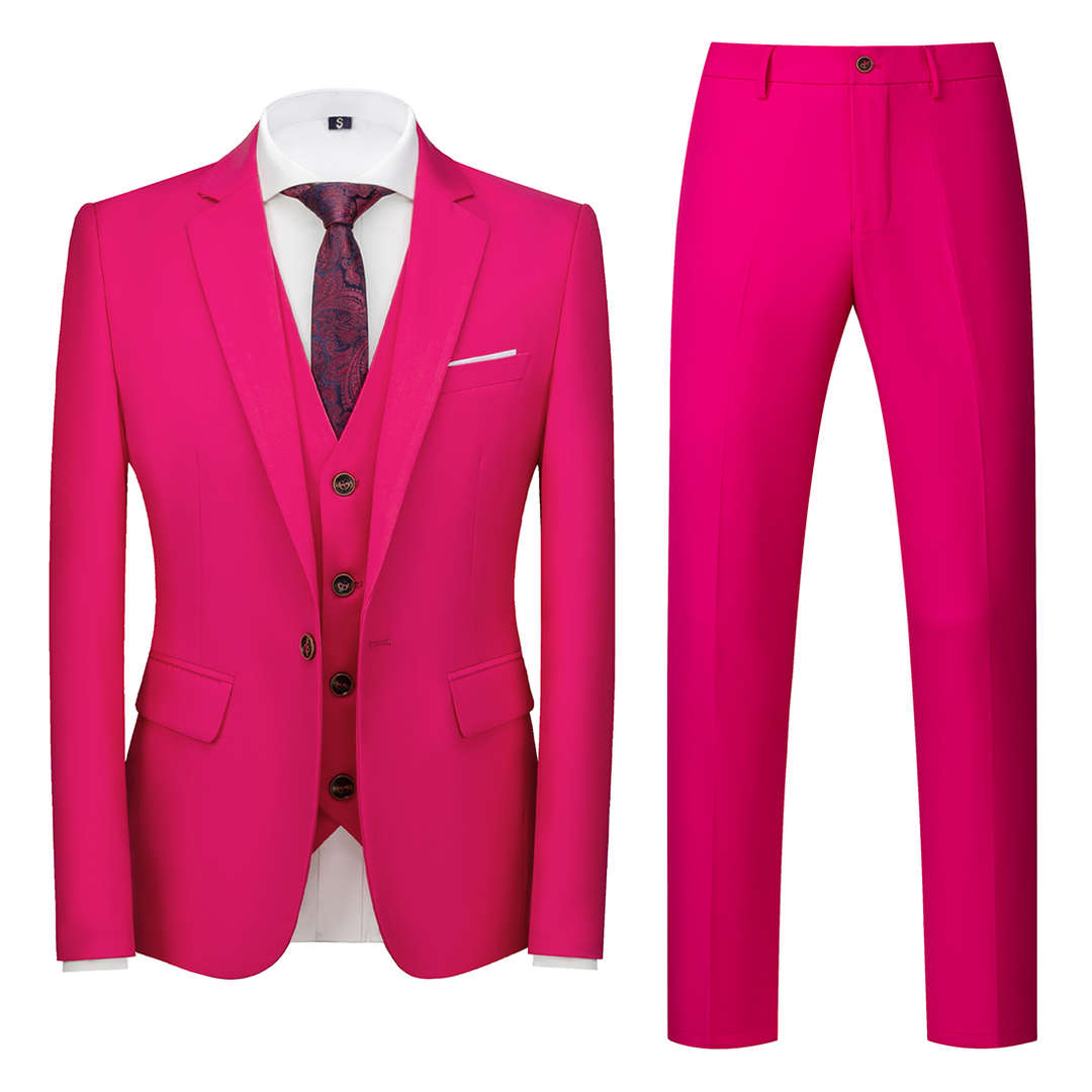 Mens 3 Piece Solid Suit with 12 Plain Colors One Button Closure