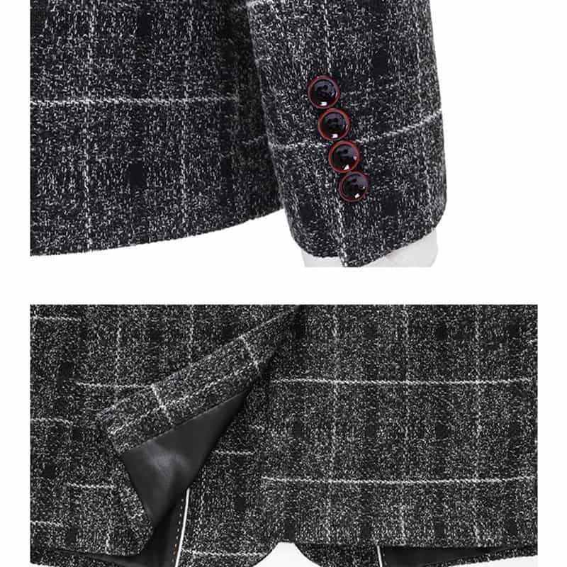 Men's 3 Piece Plaid Suit in Black & Khaki & Blue