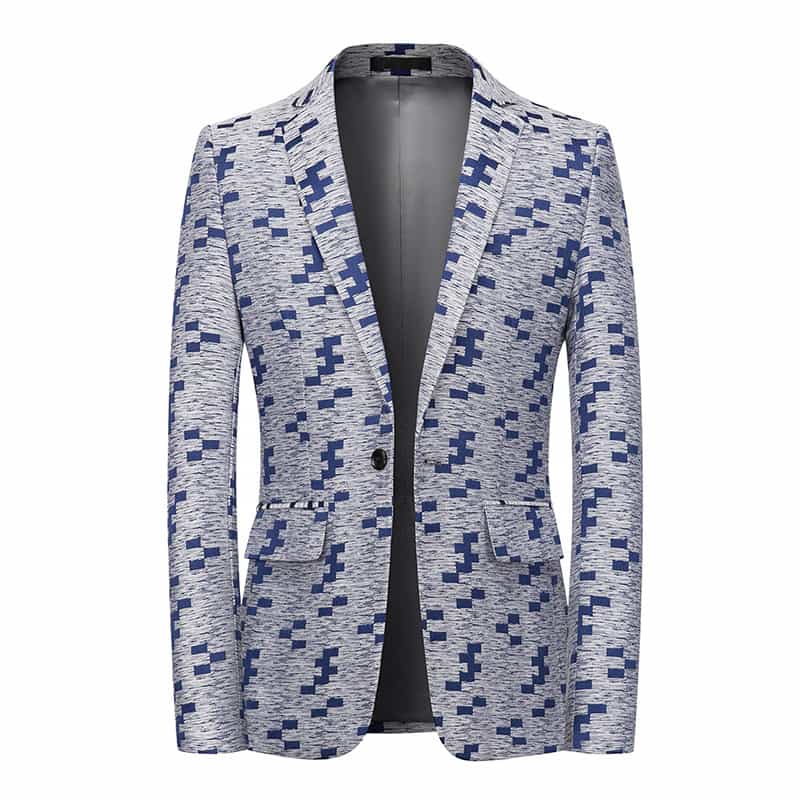 Mens Blazer Slim Fit One Button Printed Suit Jacket Blue Pattern Sport Coat