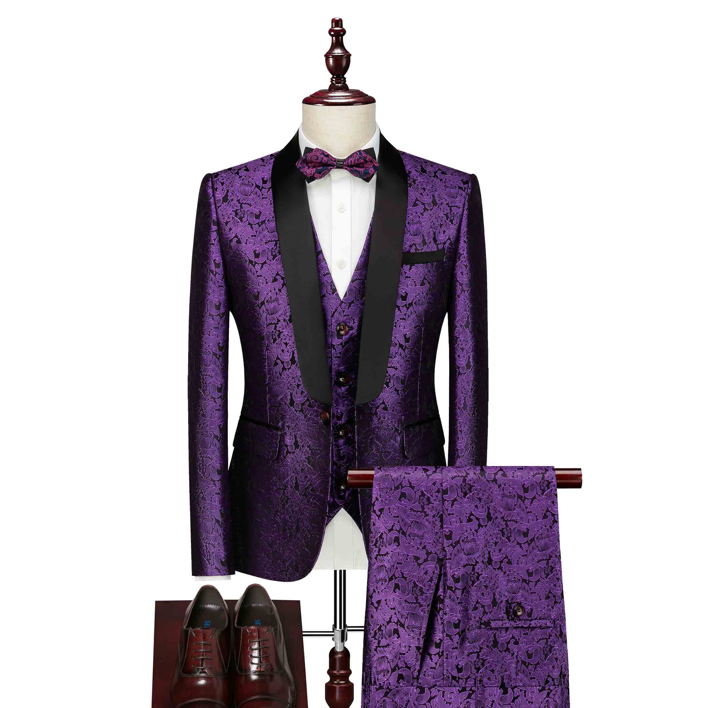 Men 3 Piece Jacquard Tuxedo with Floral Pattern