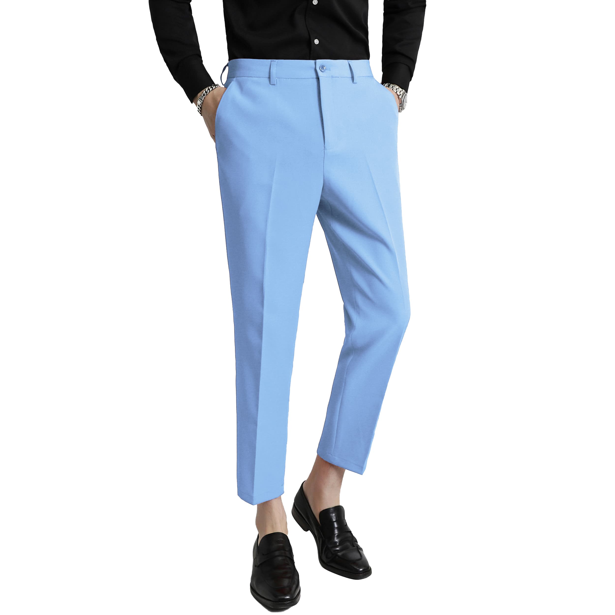 slim fit dress slacks Mogu Mens Anke Length Cropped Pants Slim Fit, Light Blue / 36