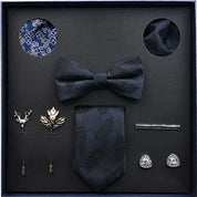 Men's Ties Set  (Necktie+Bow Tie+Pocket Square +Cufflinks+ Lapel Pin Flower +Tie clip)