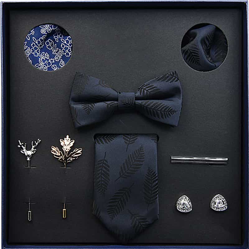 Men's Ties Set  (Necktie+Bow Tie+Pocket Square +Cufflinks+ Lapel Pin Flower +Tie clip)