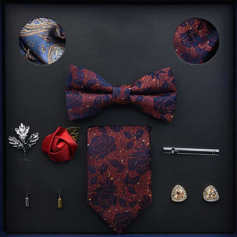 Men's Ties Set  (Necktie+Bow Tie+Pocket Square +Cufflinks+ Lapel Pin Flower +Tie clip)