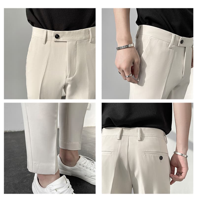 Mens Cropped Prom Pants Slim Fit Ankle-Length Trousers in Solid Grey Black