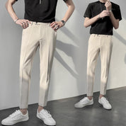 Mens Cropped Prom Pants Slim Fit Ankle-Length Trousers in Solid Grey Black