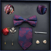 Men's Ties Set  (Necktie+Bow Tie+Pocket Square +Cufflinks+ Lapel Pin Flower +Tie clip)