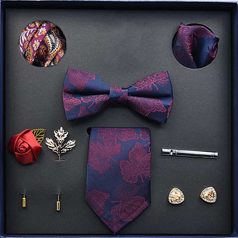 Men's Ties Set  (Necktie+Bow Tie+Pocket Square +Cufflinks+ Lapel Pin Flower +Tie clip)